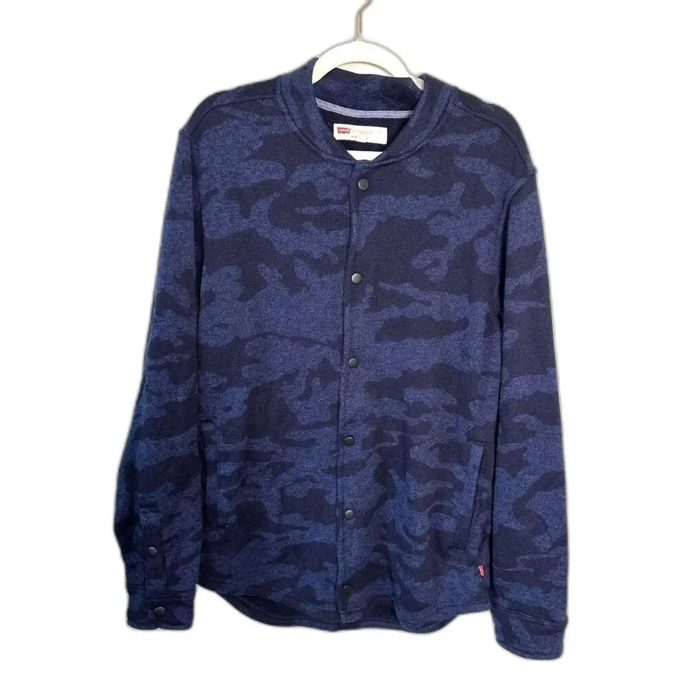 Levi’s Mens Large Blue Camo Snap Front Knit Bomber Jacket Sweater Fleece L